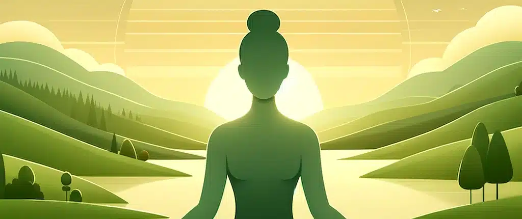 DALL·E 2024 02 04 11.23.08 A serene image of a person in a calm meditative pose sitting cross legged in a beautiful natural setting that exudes peace and harmony. The person is