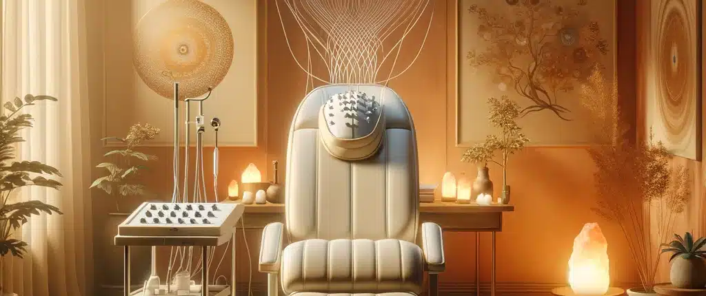 DALL·E 2024 02 04 11.24.22 A warm and inviting image of a serene treatment room designed for neurofeedback and massage therapy. The center features a comfortable massage chair o