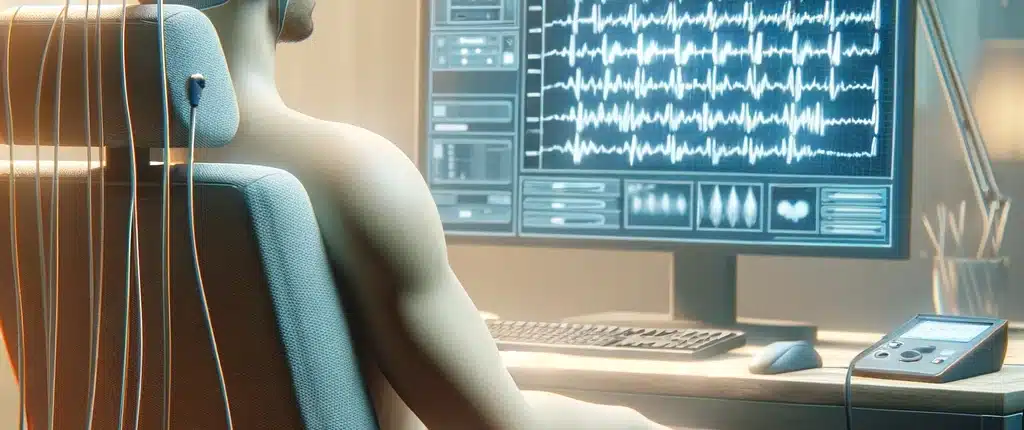 DALL·E 2024 02 04 11.24.51 An image of a person undergoing a neurofeedback session sitting or lying down comfortably with their eyes closed equipped with neurofeedback equipme