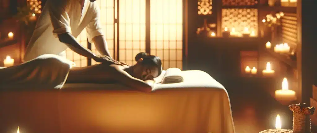 DALL·E 2024 02 04 11.24.56 An image illustrating a soothing massage therapy session where a client is lying relaxed on a massage table while a therapist performs a massage. The